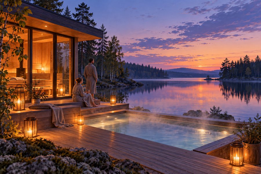 Guests relax in an outdoor pool beside a wooden lakeside sauna at sunset; symbolic AI illustration.